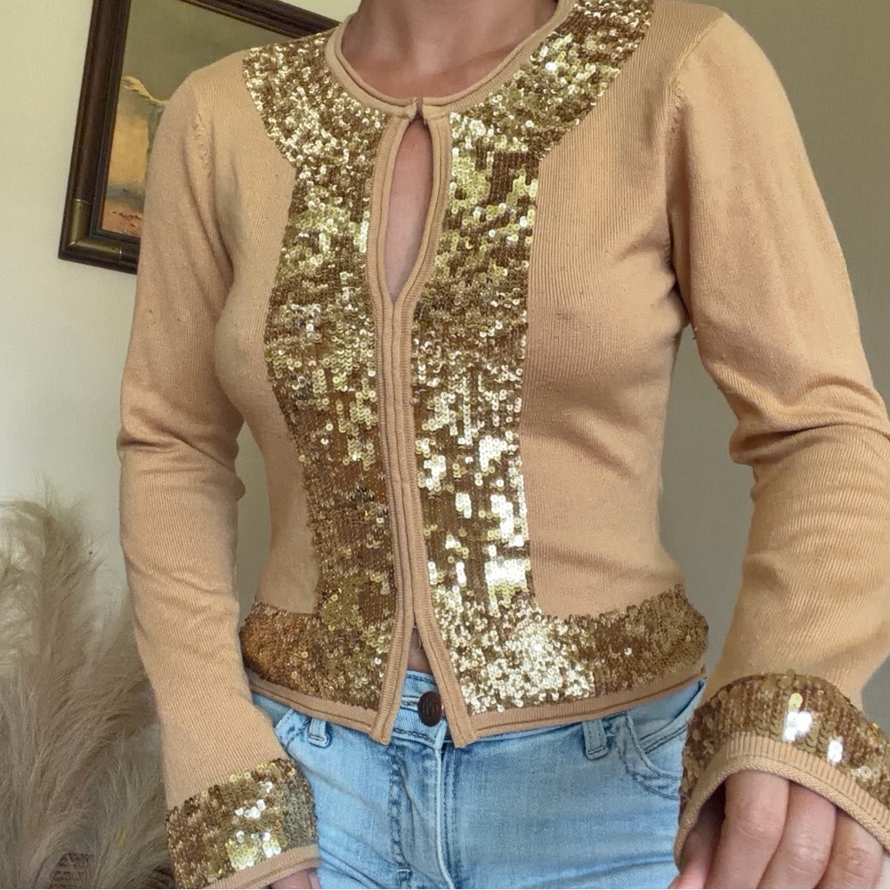 Gold Sequin Trim Knit Silk Cashmere Blouse - Gold